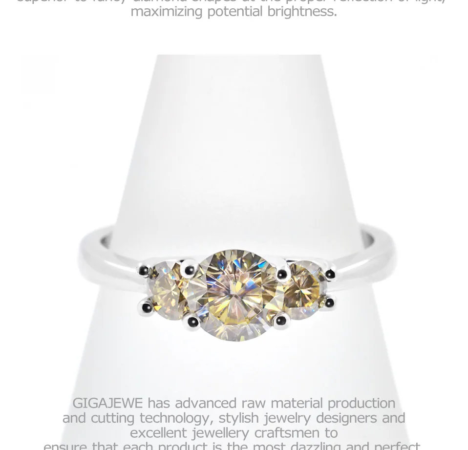 GIGAJEWE Moissanite 1ct 5,5 мм+ 2X3,5 мм круглая огранка желтого цвета 925 Серебряное кольцо золотое многослойное покрытие модный подарок для девушки