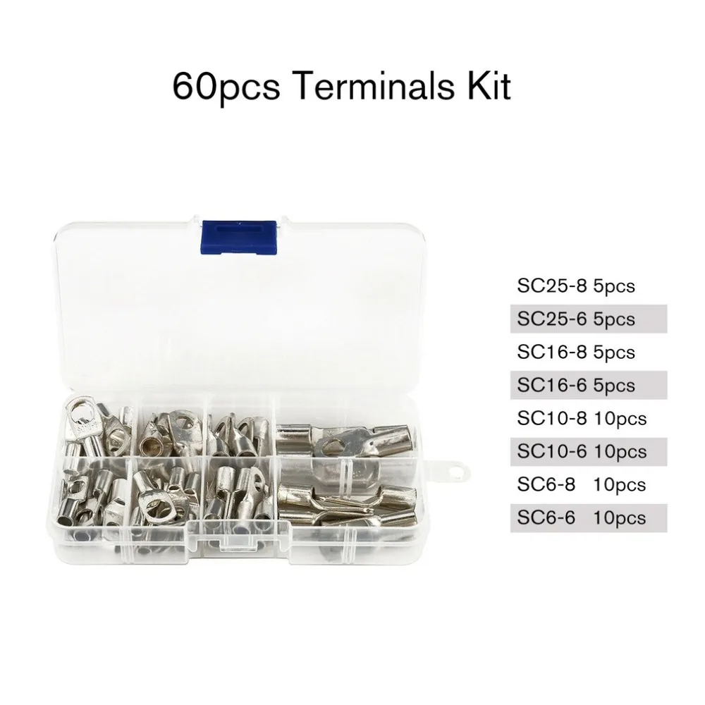 60pcs Tin Plated Copper Tube Terminals Battery Welding Cable Lug Ring Crimp Connectors Kit SC6-SC25 Copper Tube Terminals Set