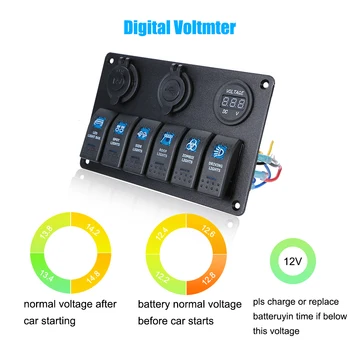 

Hot 6 Gang LED Rocker Switch Panel Double USB Charger 12V Cigarette Socket Digital Voltmeter Car Panel Switch