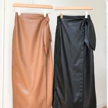Кожаная женская длинная юбка с заячьими ушками, цельная модная женская юбка миди на шнуровке