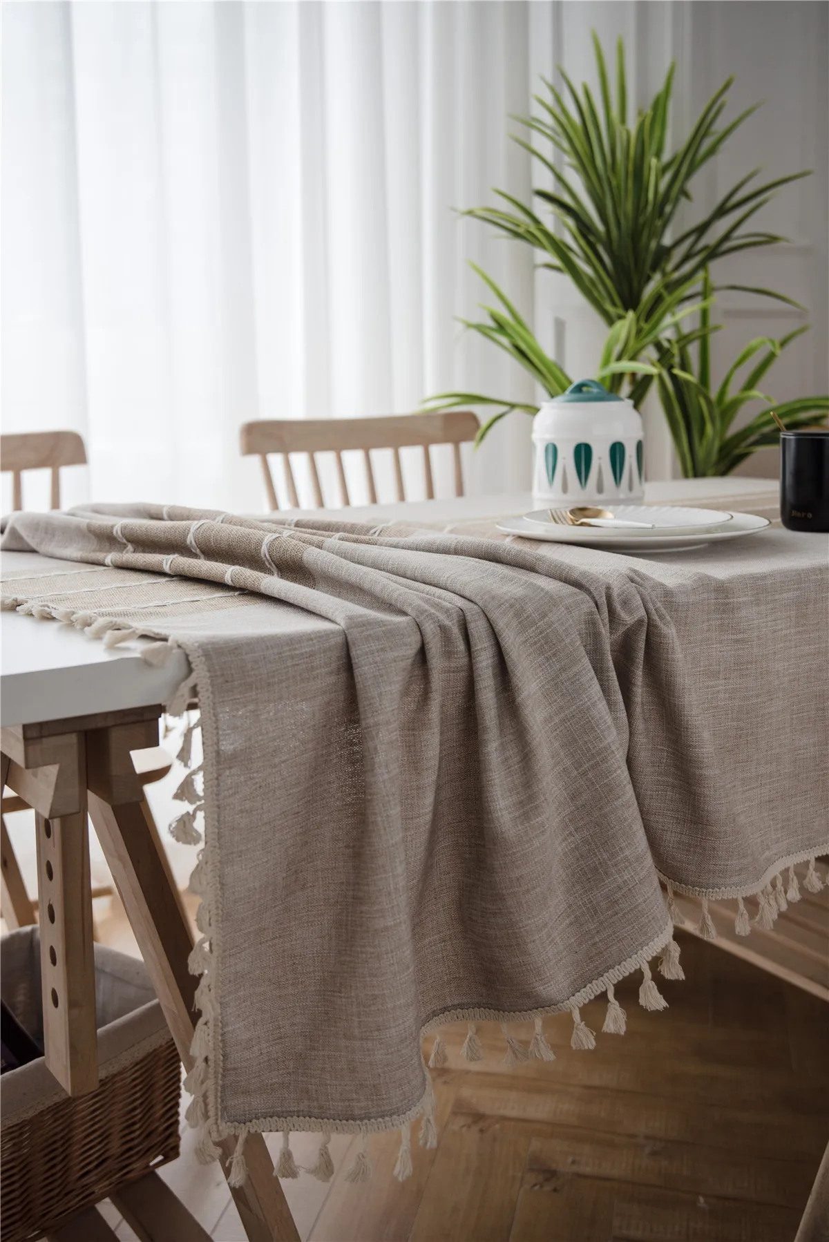 Stripe Cotton Linen Geometric Table Cloth Lace Tablecloth Rectangle Christmas Tea Table Cloth Table Cover Lace Tassel