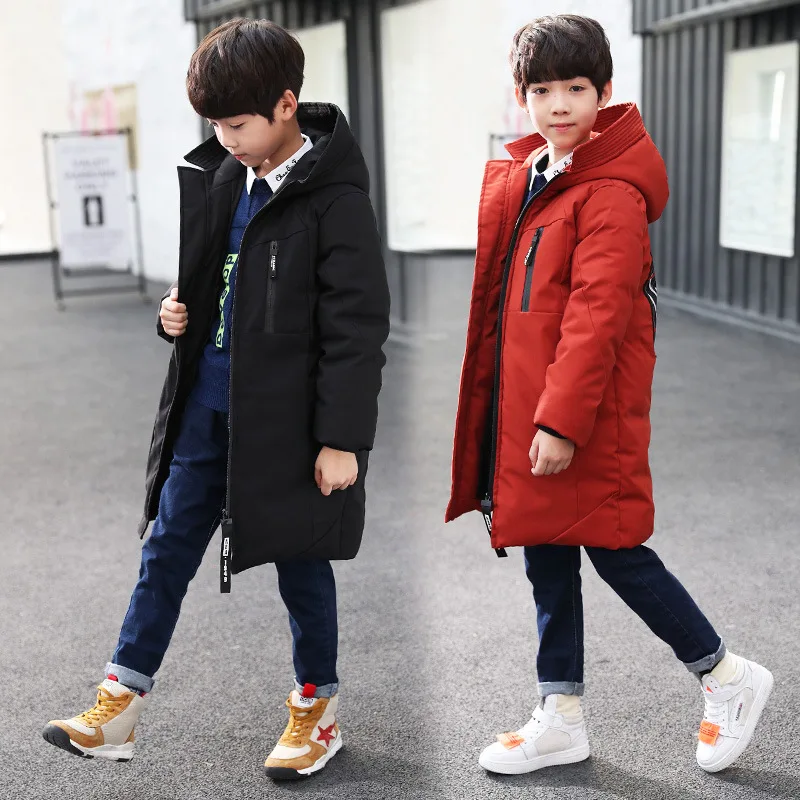 Winter Casual Children Down Cotton Jackets Hooded Printed Kids Snow Long Parka Clothes Thicken Warm Teen Boys Overcoats 5-14T