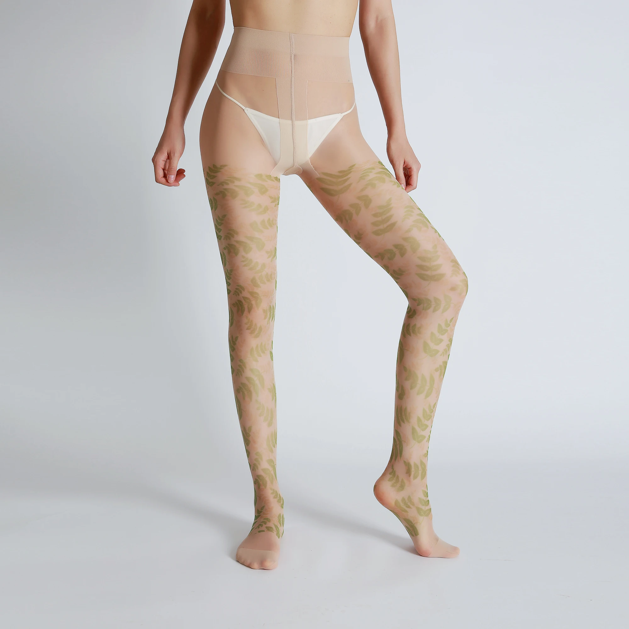 

Mozimer New Fashion Designs Leafs Digital Print Tights High Quality Transparent Floral Plants Pantyhose Womens Stockings