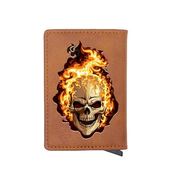 

2020 New Arrival Fire Skull Design Unique Digital Printing Leather Mini Card Holder Wallet Men Women Charm Small Money Bag Gift