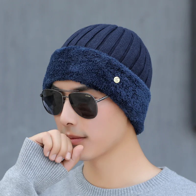 SUOGRY High Quality Winter Hats For Fashion Knitted Hat Scarf Warm Cap Thick Fur Hat Beanie Cashmere Wool Male Beanie - Цвет: Hat Navy