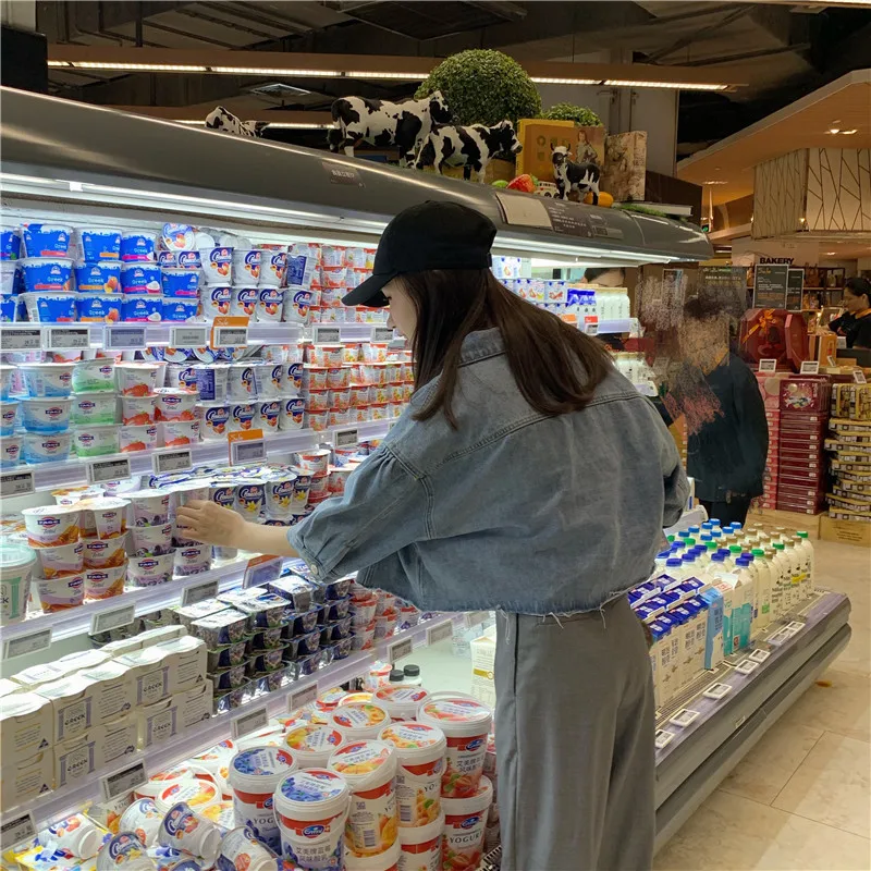 

Photo Shoot 2019 WOMEN'S Dress Autumn Hong Kong Style Versatile Western Style Loose-Fit Half-sleeve Shirt Short Casual Jeans Coa