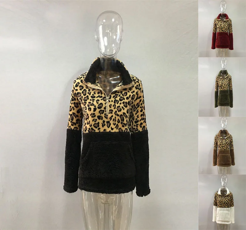

Hot item for autumn/winter 2020 new long-sleeved hoodie leopard print spliced top selling a good hoodie brown red