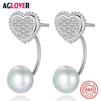 

AGLOVER 100% 925 Silver Earring Zircon Loves Stud Earrings Natural Freshwater Pearl Earrings Pearl Jewelry Women Lady Gift Party