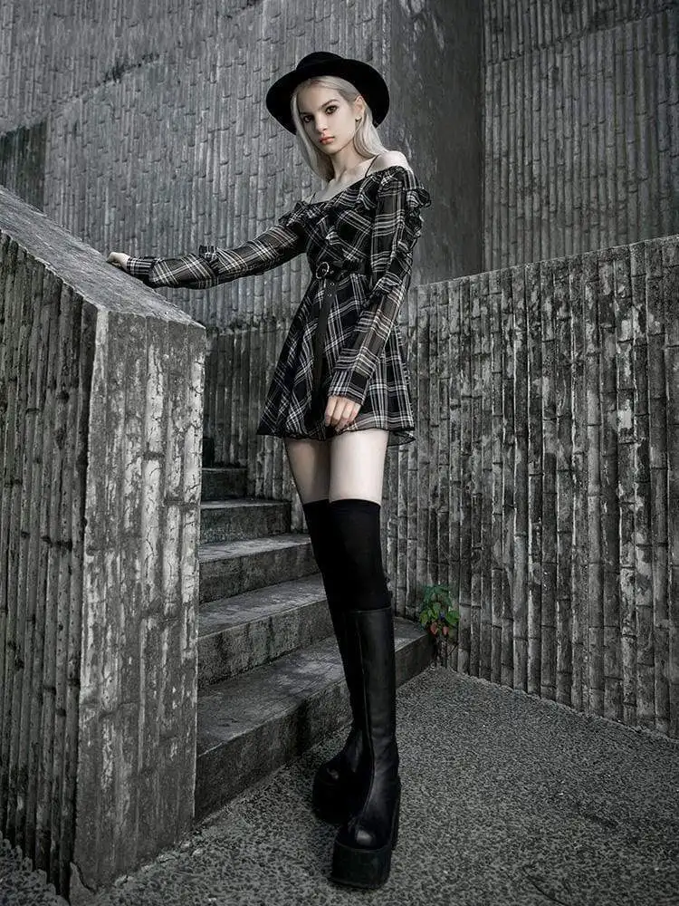 Панк Rave женские с открытыми плечами Ruched плед платья поясом PQ 706LQ|Платья| |