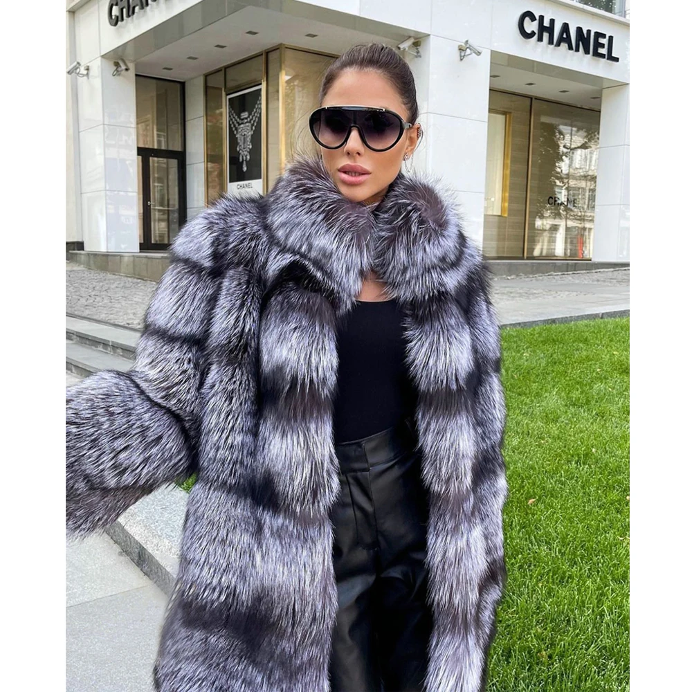 Women Fashion Real Silver Fox Fur Coat Stand Collar Medium Length Winter Fashion Woman Genuine Silver Fox Fur Jacket Full Pelt