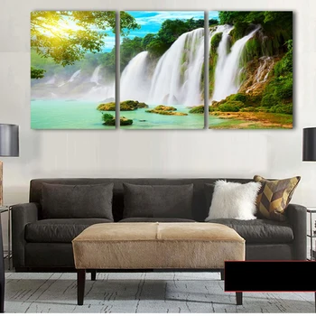 

Modular Poster Frame Pictures Home Decor 3 Panel Waterfall Landscape HD Printed Modern Canvas Paintings Wall Art Living Room