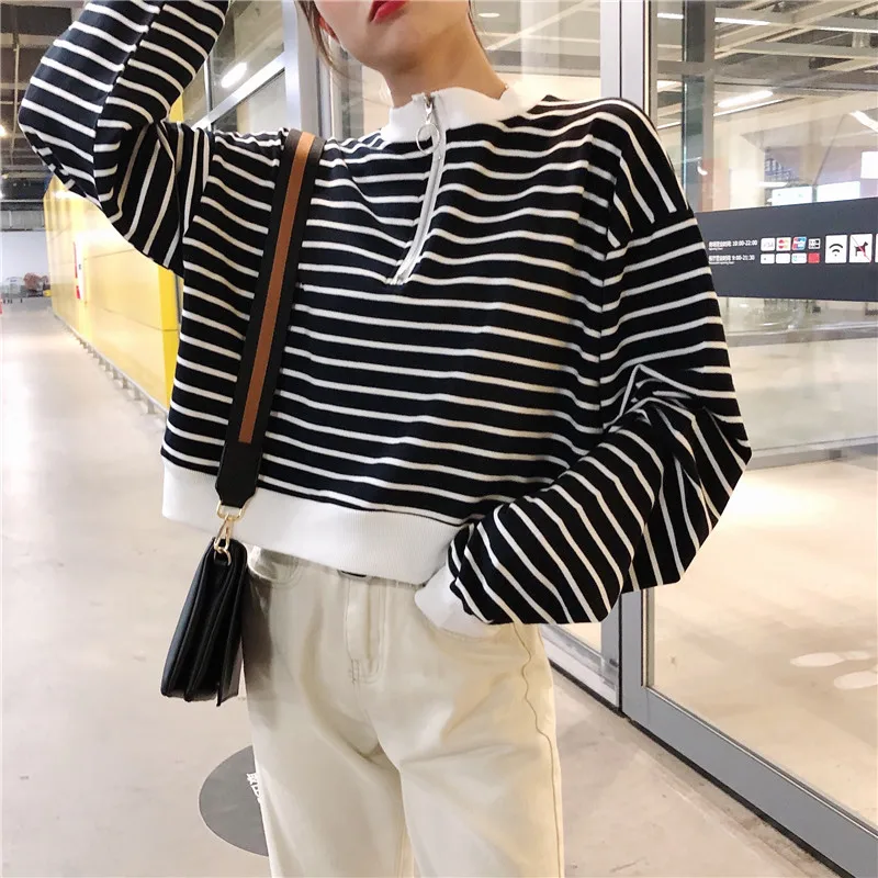 Ulzzang Harajuku полосатая толстовка на молнии с короткими рукавами Женская Осенняя Новая модная свободная толстовка с капюшоном и круглым вырезом Повседневная Женская толстовка