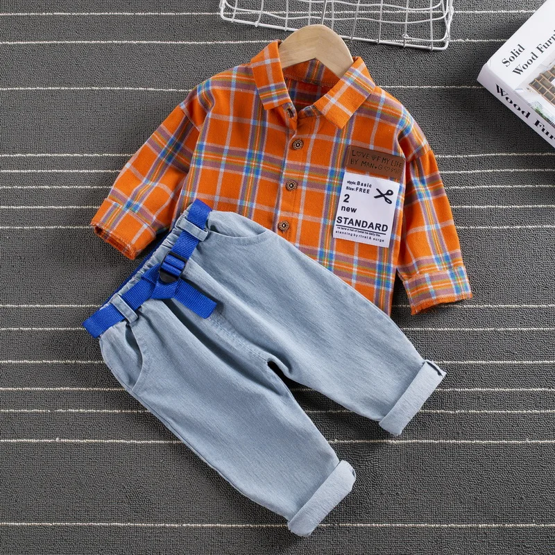 pajamas for girls Fashion Boys Shirt New Plaid Style Kids Long Sleeve Shirts + Jeans Pants Children's Cotton Clothes Baby Boy Girls 2PCS Suit baby suit set