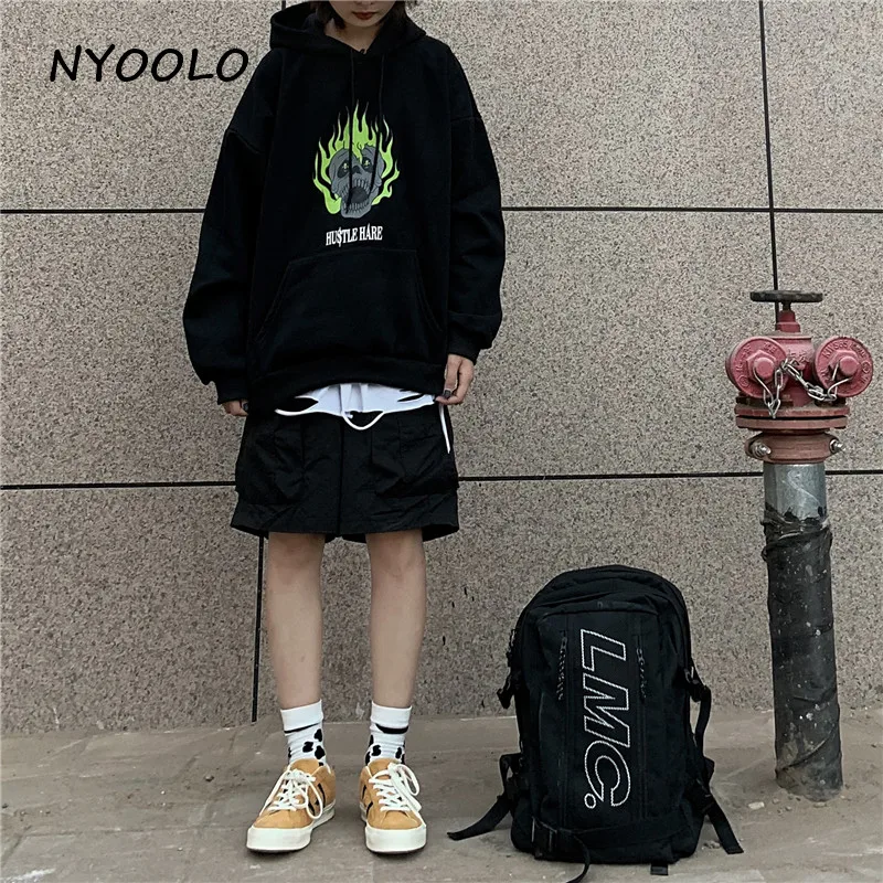 NYOOLO осень зима Harajuku стиль череп с пламенем печати повседневные свободные толстовки с длинным рукавом капюшоном Пуловеры Толстовка для женщин и мужчин