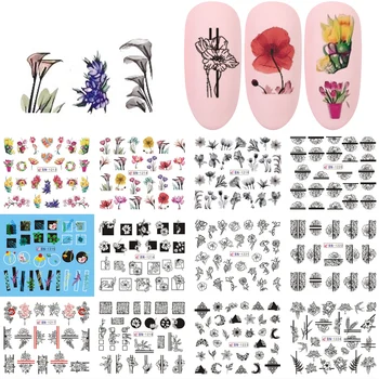 

12pcs Nail Art Stickers Water Transfer Decals Black Flower Leaf Foils Nail Decorations Slider French Tip Designs TRBN1213-1224-1