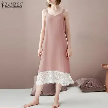 

Women Sexy Lace Nightdress ZANZEA V-Neck Sleepwear Solid Sleeveless Nightie Nightgown Spaghetti Strap Home Dress Plus Size 5XL