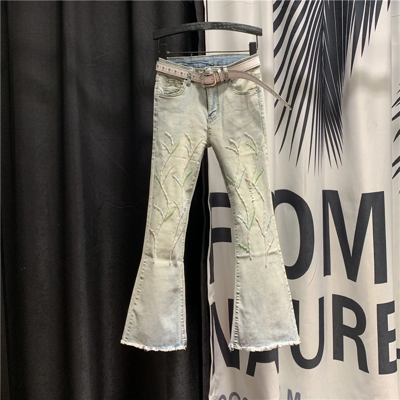 

Fashion Flare Pants Woman Stretch Jeans 2020 Spring New Fur Trim Slim-Fit Ripped Jeans for Women Flare Jeans Jean Femme Mujer