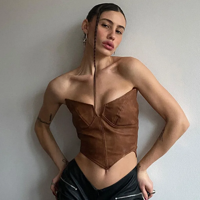 2022 Corset Top Women Brown Cropped Fish Boned Sexy Tee Female Solid Color Bustier Bra Vintage Streetwear Party Club Tank | Женская