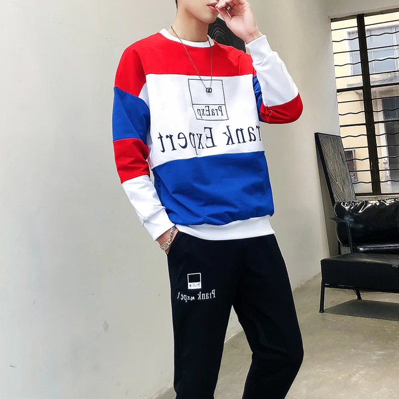 

Autumn Sport Mens Track Suit Set Hip Hop Tracksuit Men Sets Fashion Splice Contrast Color Long Sleeve T Shirts+Pant Ropa Hombre