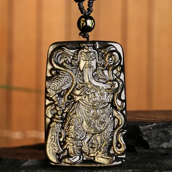 

Drop Shipping Natural Gold Black Gift GuanYu GuanGong Obsidian Necklace Pendant Carving Buddha Obsidian Lucky pendants