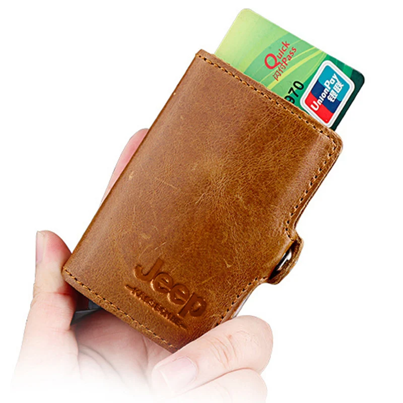 Online Grabado gratis Rfid cuero hombres aluminio cartera Casual tarjeta de crédito titular bloqueo Mini Magic Wallet automático tarjeta monedero