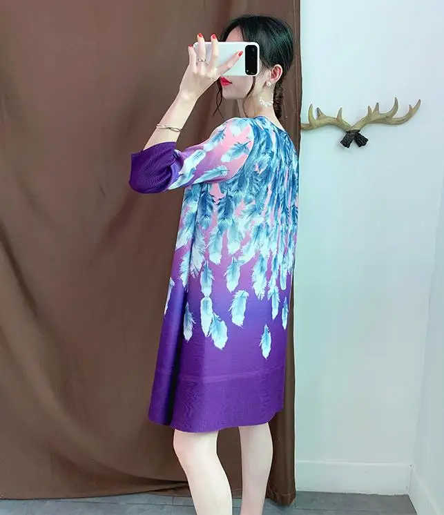 

Miyake fold print dress European autumn new temperament dress large size free shipping