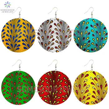 

SOMESOOR Wholesale Afro Ethnic Bohemian Wooden Drop Earrings African Fabric Styles Both Sides Printed Loops Dangle For Women
