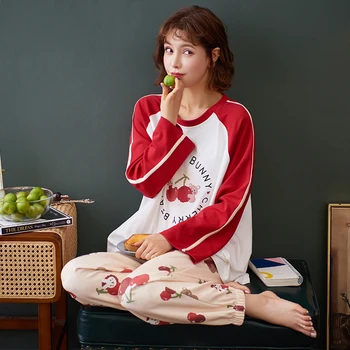 

Cute Sleepwear Cherry Pattern Pajamas For Women Autumn Long Sleeve Home Suit Pijama Mujer Pyjamas Dropshipping