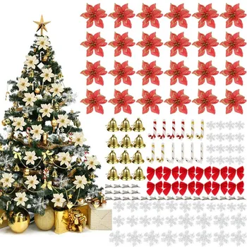 

120Pcs Gold Christmas Tree Ornaments Set Including Christmas Glitter Hanging Bells for Xmas Wreaths Decorations