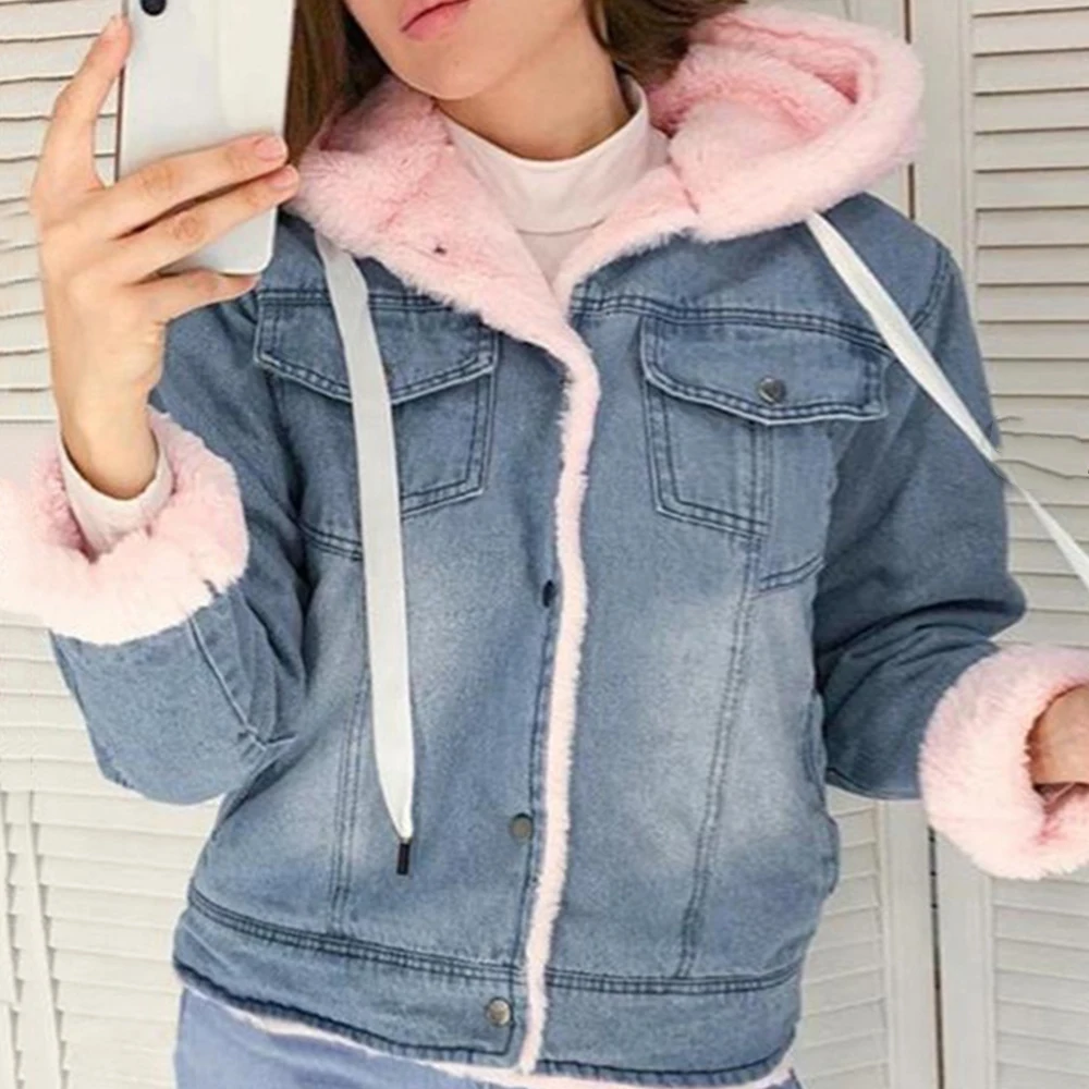 

Puimentiua Velvet Thick Denim Jacket Womens Winter Warm Big Fur Collar Tops Korean Locomotive Lamb Coat Femme Student Short Coat