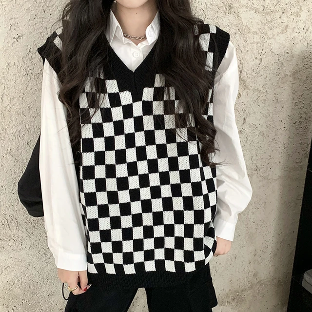 Womens Black and White Checkered Sweater Vest Oversized V-Neck Sleeveless  Knit Pullover Schoolgirl Harajuku Streetwear - AliExpress