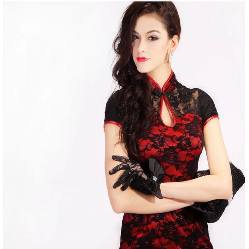 Foreign Trade Night Beach Fan Dance Sexy Modified Thin Lace Long Size Stage Catwalk in Short-Sleeved Performance Dress Cheongsam