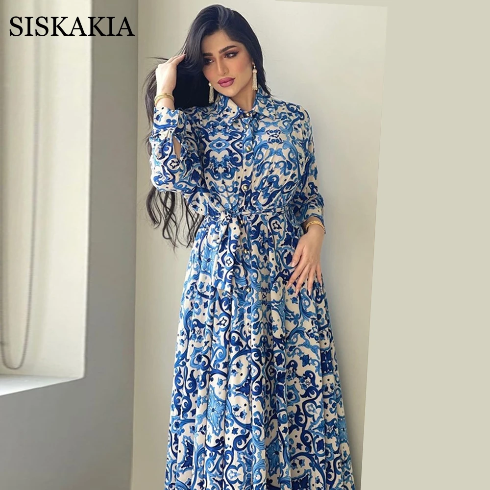 

Siskakia Blue Floral Maxi Dress Women 2021 Elegant Ethnic Lapel Long Sleeve Dubai Arabic Oman Moroccan Middle East Muslim Abaya