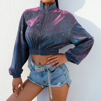 

Best Selling 2019 Autumn and Winter Women's Short Jacket with Zipper Shiny Bounce Decor Thin Waist and Navel Womens Jackets