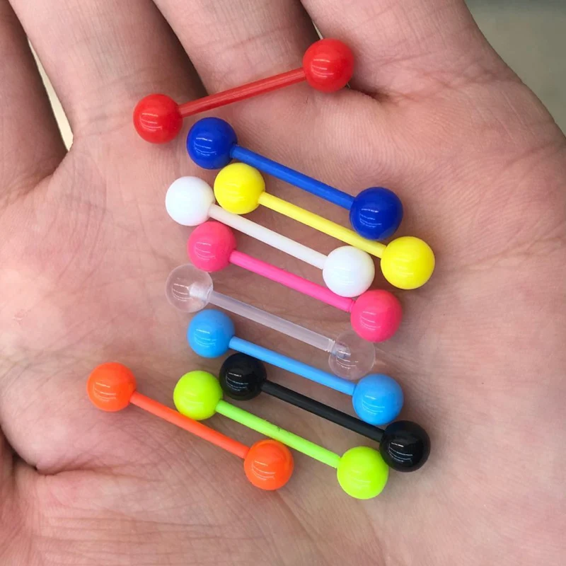 2Pcs 1.6x16mm Bars Candy Color Soft Acrylic Tongue Piercing Balls Plastic Barbell Nipple Piercing Tongue Rings Party Jewelry 14G piercing jewelry,body piercing jewelry,body jewelry
