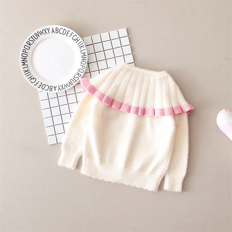 Kids Sweater Girls Cardigan Pearl Woolen Autumn Baby Girls Sweaters Ruffle Collar Toddler Cardigan Knitted Girls Sweater Coat