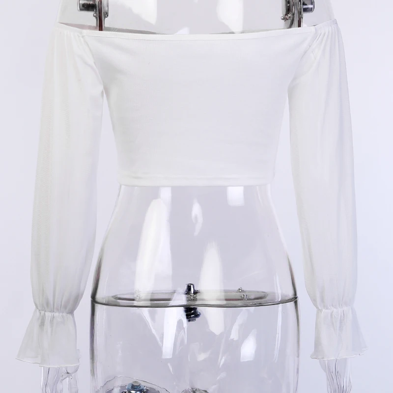 InstaHot блузка шифоновая рубашка с длинным рукавом с вырезом лодочкой сексуальный прозрачный укороченный топ с расклешенным рукавом белая повседневная сексуальная винтажная Тонкая блузка