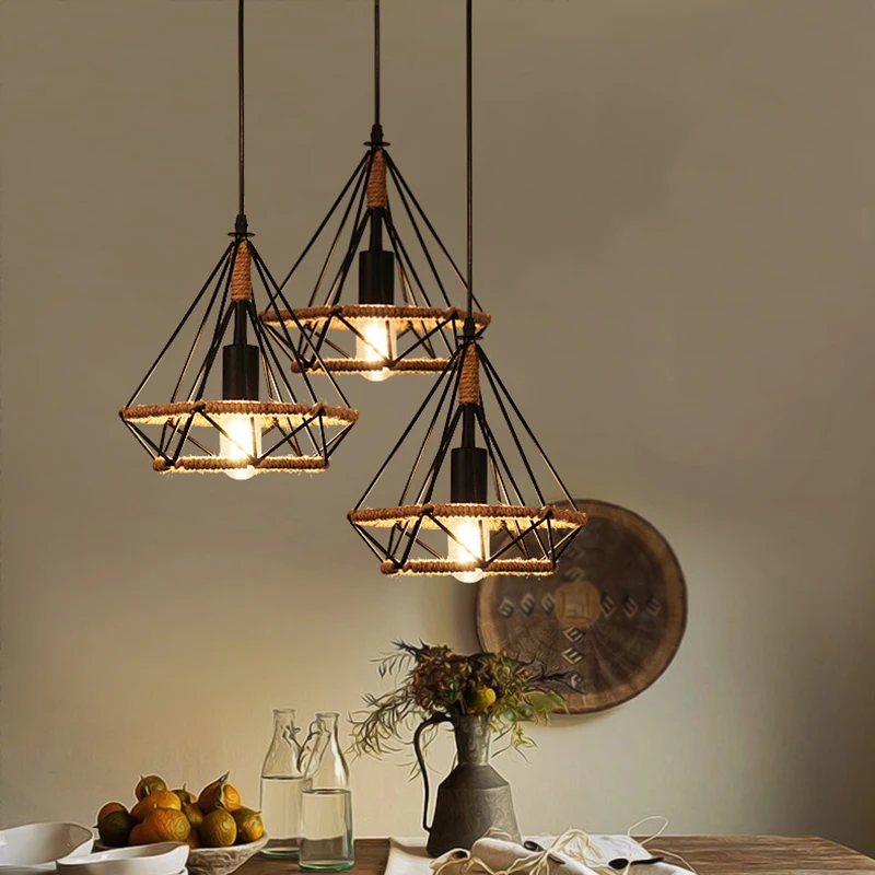 

Vintage Loft Pendant Ceiling Light Lamp Shade Iron + Rope DIY Metal Cage Bar Decor Ornament For Bulbs