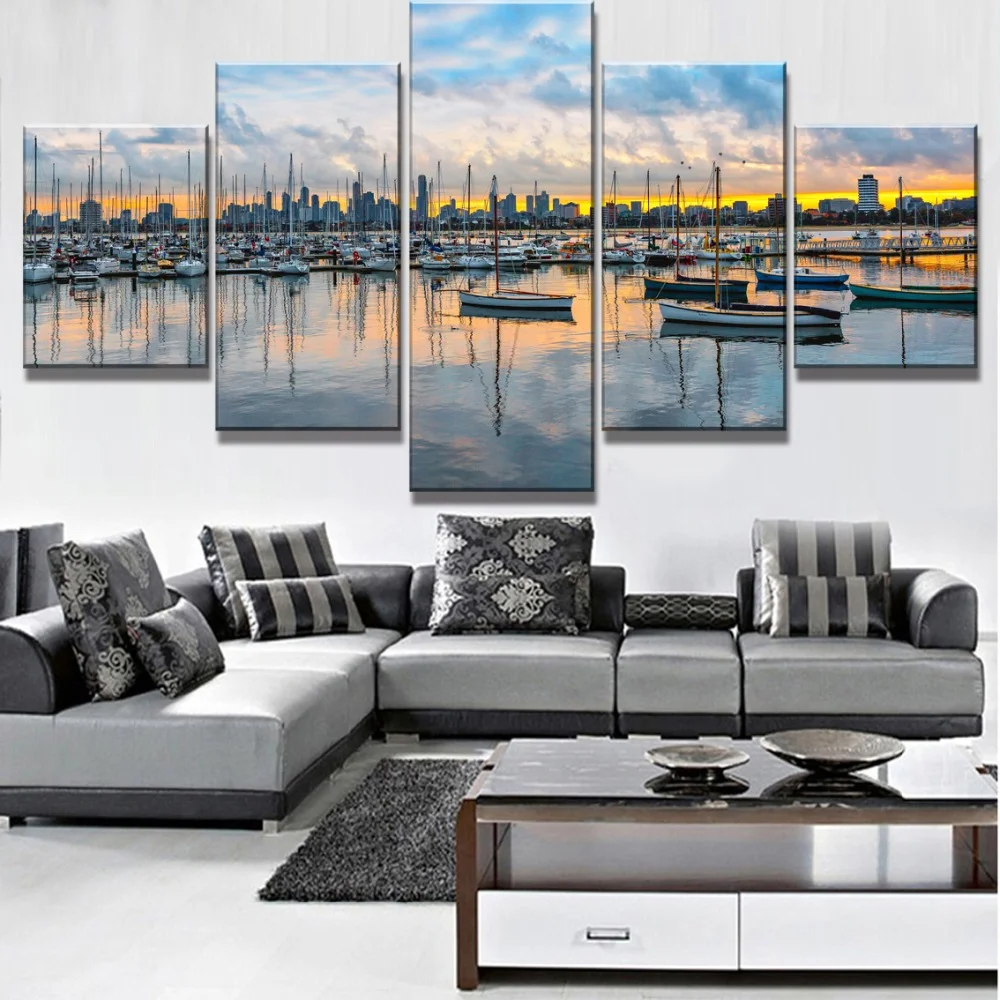 

Ship Waterfront Skyline Landscape 5 Piece Canvas Art Decoracion Paintings on Canvas Wall Art for Home Decorations Wall Decor