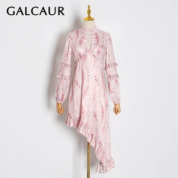 

TWOTWINSTYLE Ruffle Print Dress Women Stand Collar Lantern Sleeve High Waist Asymmetrical Hem Dresses Female Fashion Clothes New