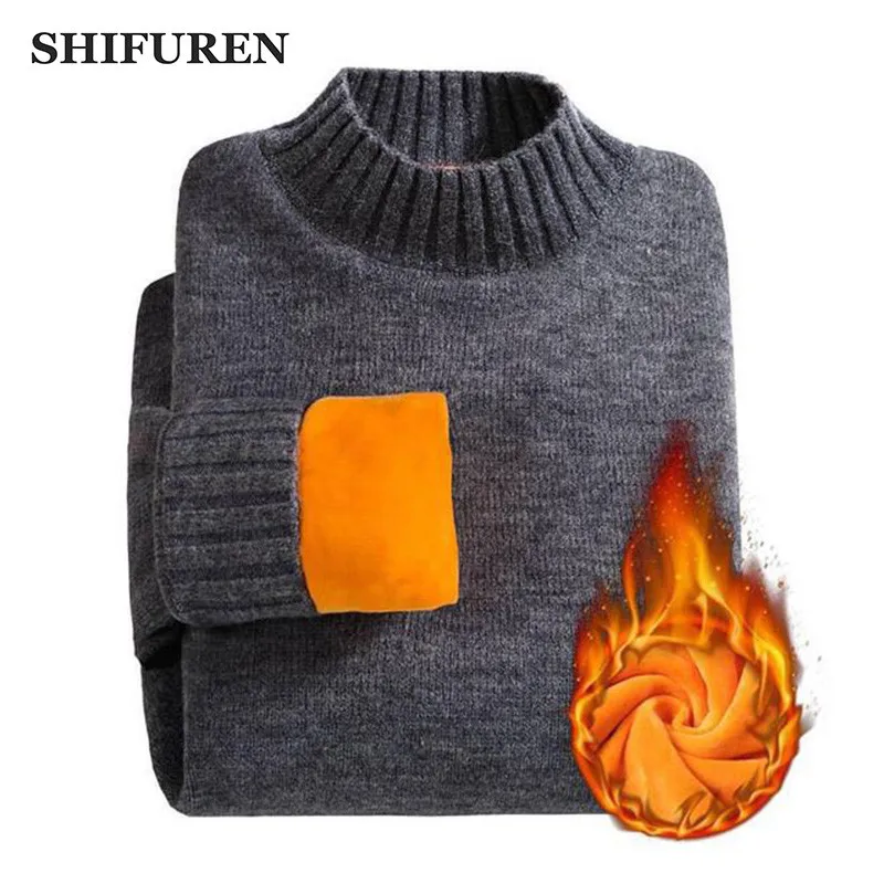 

SHIFUREN Winter Warm Turtle Neck Sweaters Men Thicken Fleece Long Sleeve Pullovers Soft Male High Neck Jumpers Knitwear