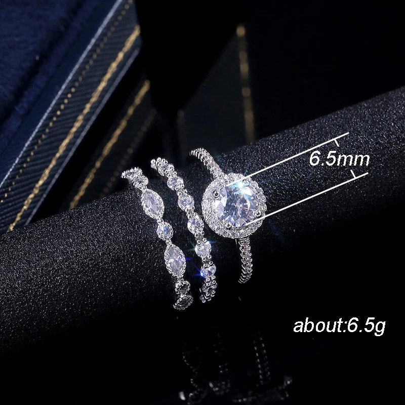 YOBEST 3 Pieces Ring / Inlay Silver Plated White Crystal Zircon Wedding Engagement Ring Size 6-9