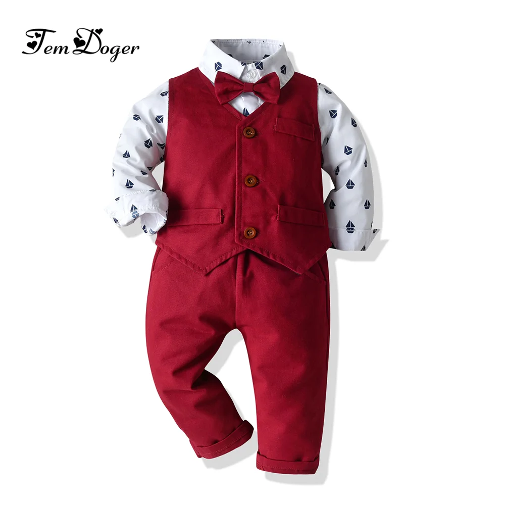 Tem Doger/костюм-смокинг из 3 предметов для маленьких мальчиков хлопковая рубашка с длинными рукавами и принтом и штаны, жилет комплект деловой одежды, Костюм Джентльмена