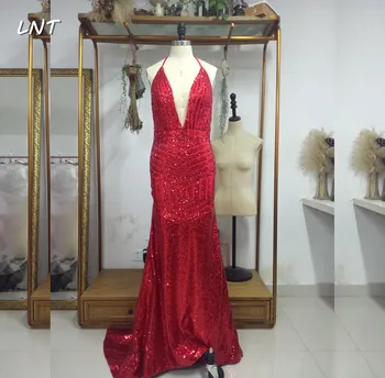 

Real Photos Backless Red Sequin Prom Dresses Halter Long Evening Gown Pageant Dress