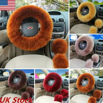 

2020 New Colors Universal Car Plush Fuzzy Steering Wheel Cover Wool Fur Gear Knob Shifter Brake Car Plush Steering Covers