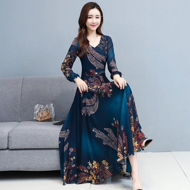 Autumn Winter Vintage Plus Size Boho Dress Floral Chiffon Long Sleeve Casual Beach Dress 2021 Women Bodycon Party Maxi Vestidos 6