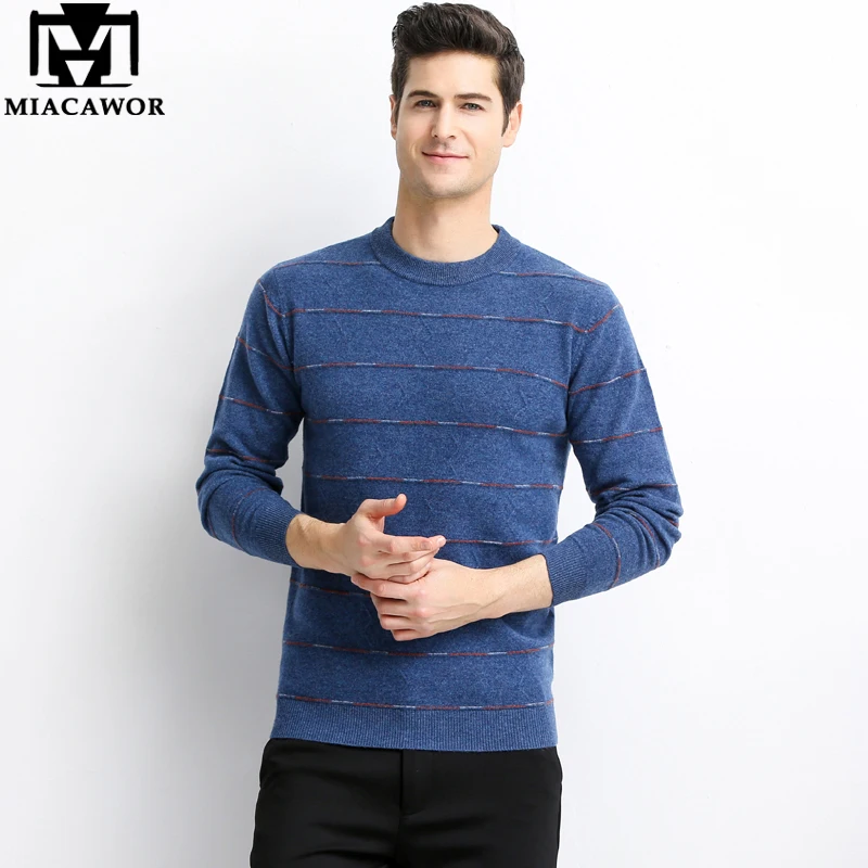 MIACAWOR Top Quality Sweater Men 100% Wool Pullover O-Neck Winter Warm Cashmere Pull Homme Casual Striped Sueter Hombr Y222 | Мужская