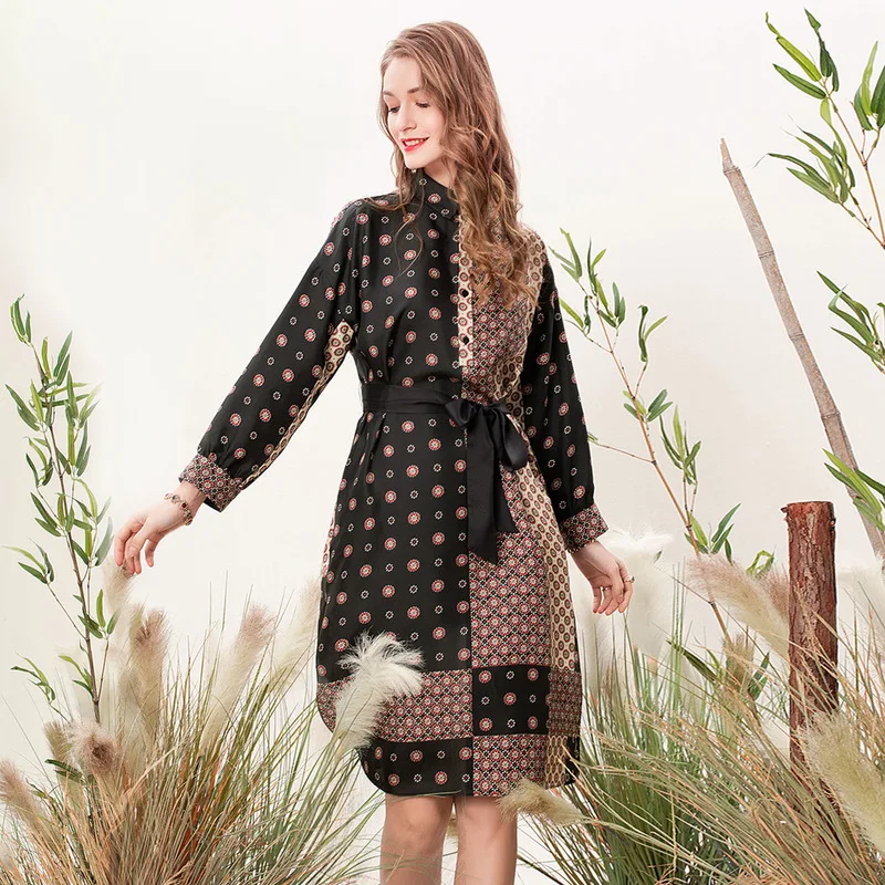 Gedrukt real zijden jurken vrouwen natuurlijke zijde 2019 hoge kwaliteit meisjes zwarte retro bloemen werk boho jurk elegante plus size Gedrukt real zijden jurken vrouwen natuurlijke zijde 2019 hoge kwaliteit meisjes zwarte retro bloemen werk boho jurk elegante plus size