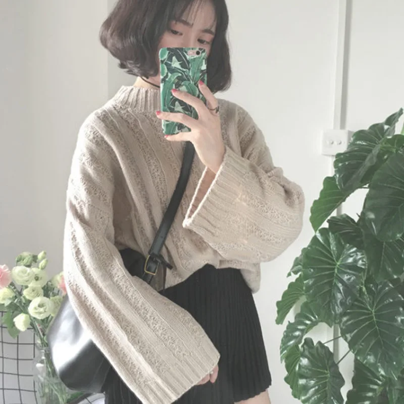 

Autumn And Winter New Korean Style Half High Neck Solid Color Twist Loose Knitted Sweater Casual Female Em*