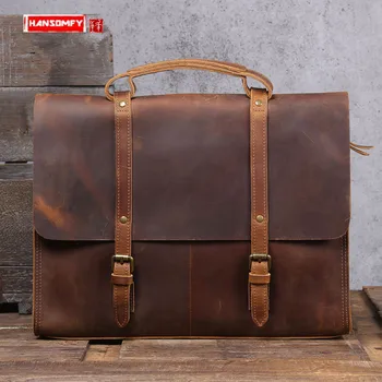 

Briefcase Men's Handbag 15.6 Inch Laptop Bag Shoulder Messenger File Bags British First Layer Cowhide Vintage Simple Leather